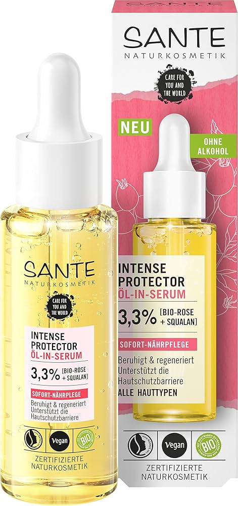 Sante Naturkosmetik Siero cosmetico naturale Bio Rose & Squalan, cura nutriente immediata lenita,pelle rigenerata una sensazione morbida sulla pelle, vegano, protezione intensa, olio in siero, 30 ml